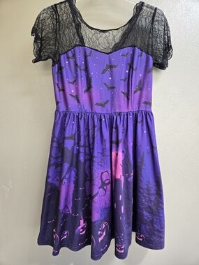 Women's Purple Halloween Bat Print Lace-Trim Costume Dress
